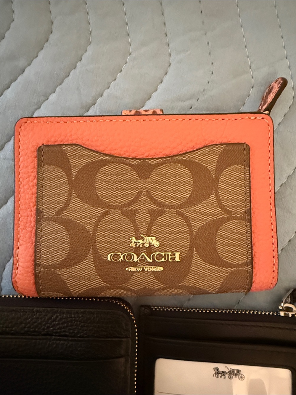*Bundle* Coach Women's Signature Canvas Card Wallet in Brown & Coral, MK Black - Picture 5 of 13